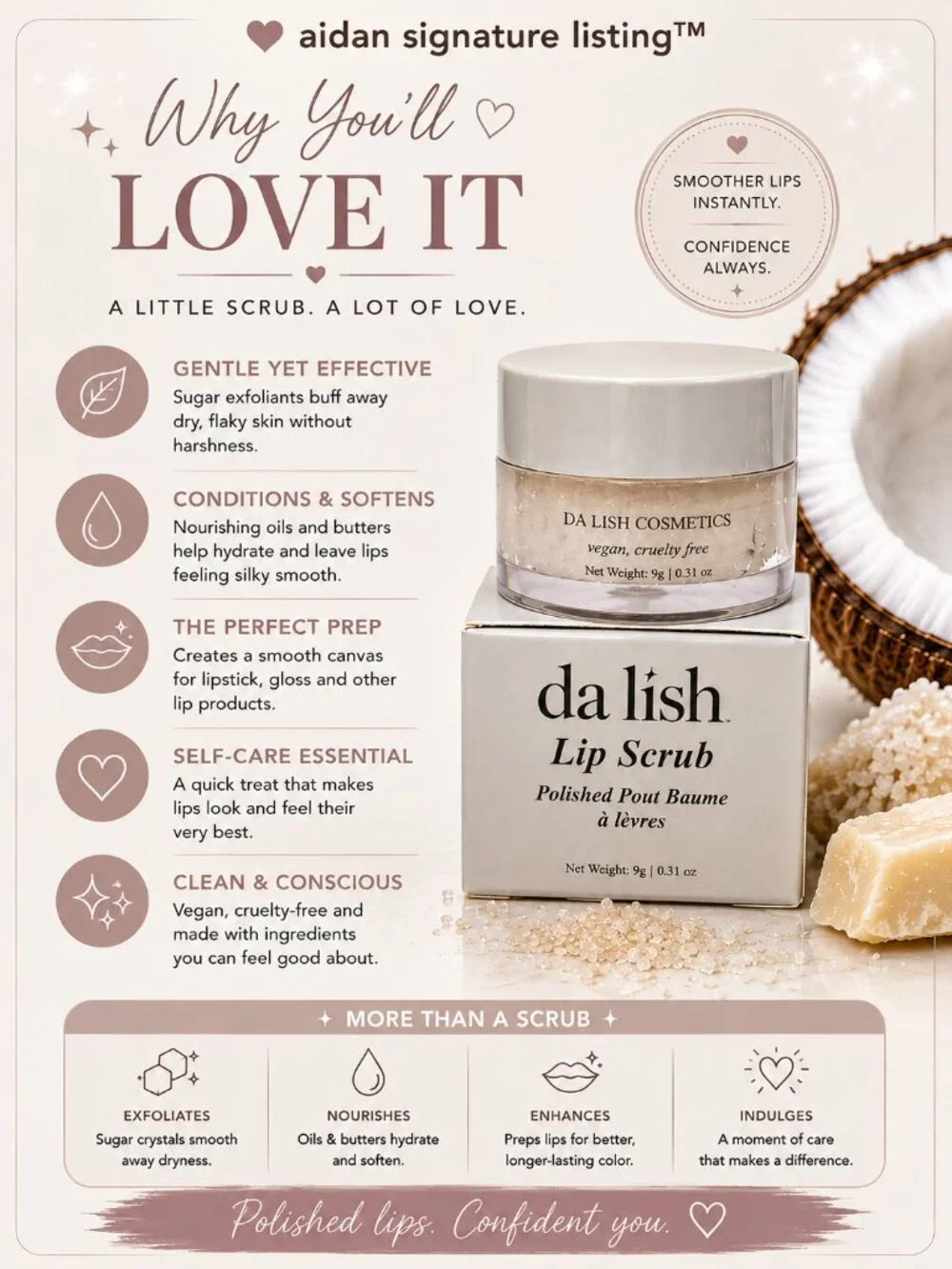 da lish Lip Scrub Polished Pout Vegan Cruelty Free 9g 0.31 oz New in Box